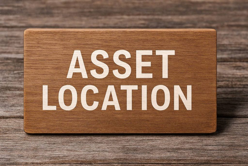 Asset location concept on wooden sign