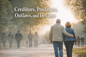 Couple walking together outdoors with blurred figures around them representing potential financial and liability risks