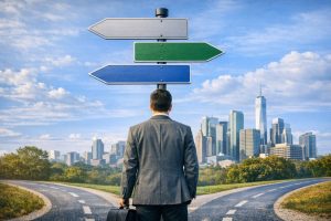 Professional at a crossroads with multi directional signs, representing job mobility and independent career decisions