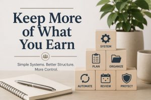 Wooden blocks labeled system, plan, organize, automate, review, and protect representing a simple financial system