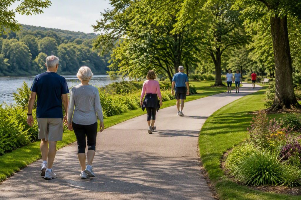 Several adults walking along a scenic park pathway, illustrating active aging and longer life expectancy.